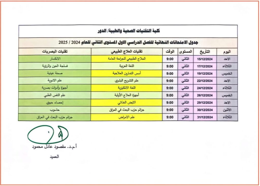 جدول المرحلة الثانية الفصل الاول